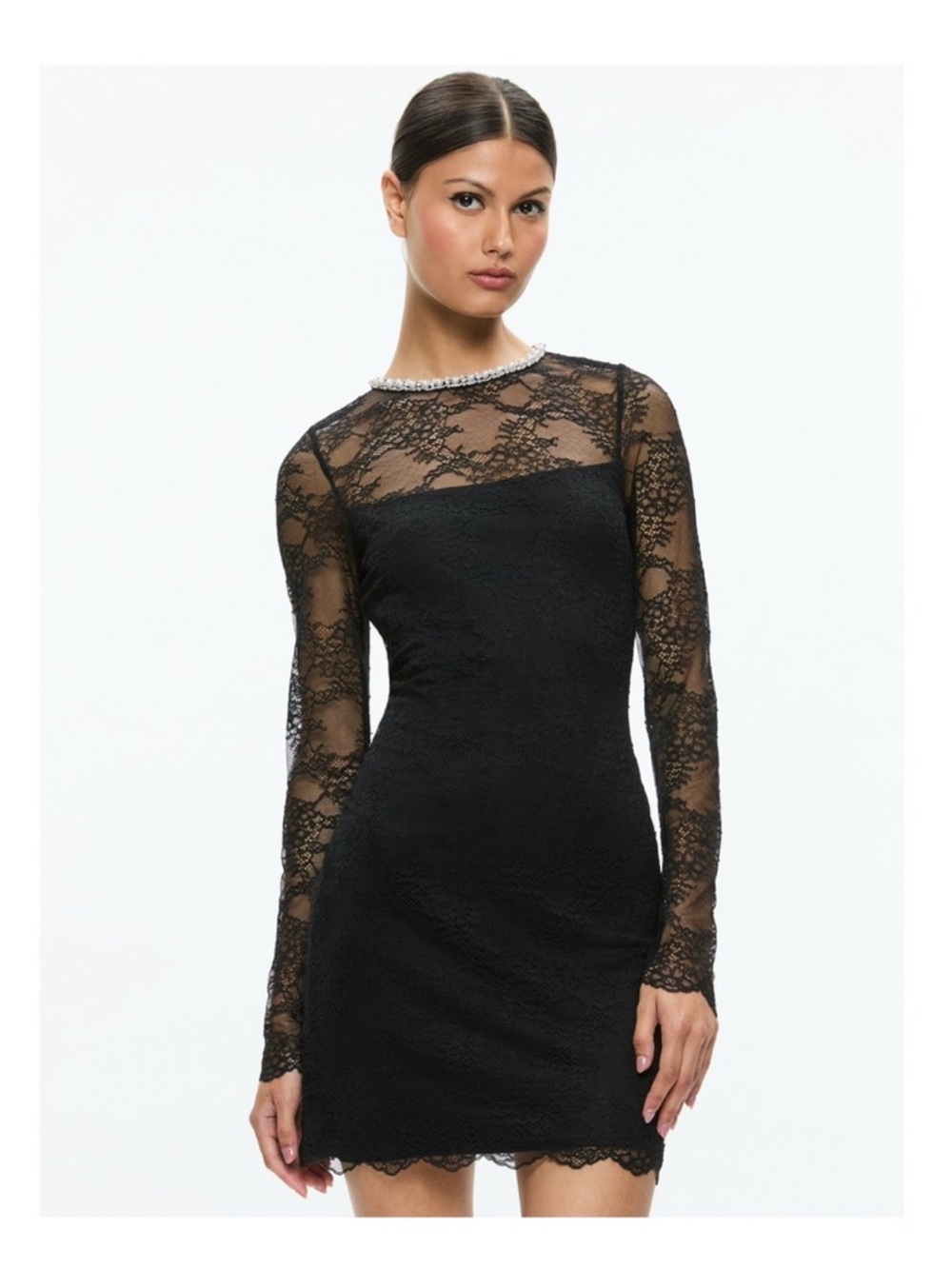 New! ALICE + OLIVIA “Delora” Pearl Embellished Neck Black Lace Mini Dress